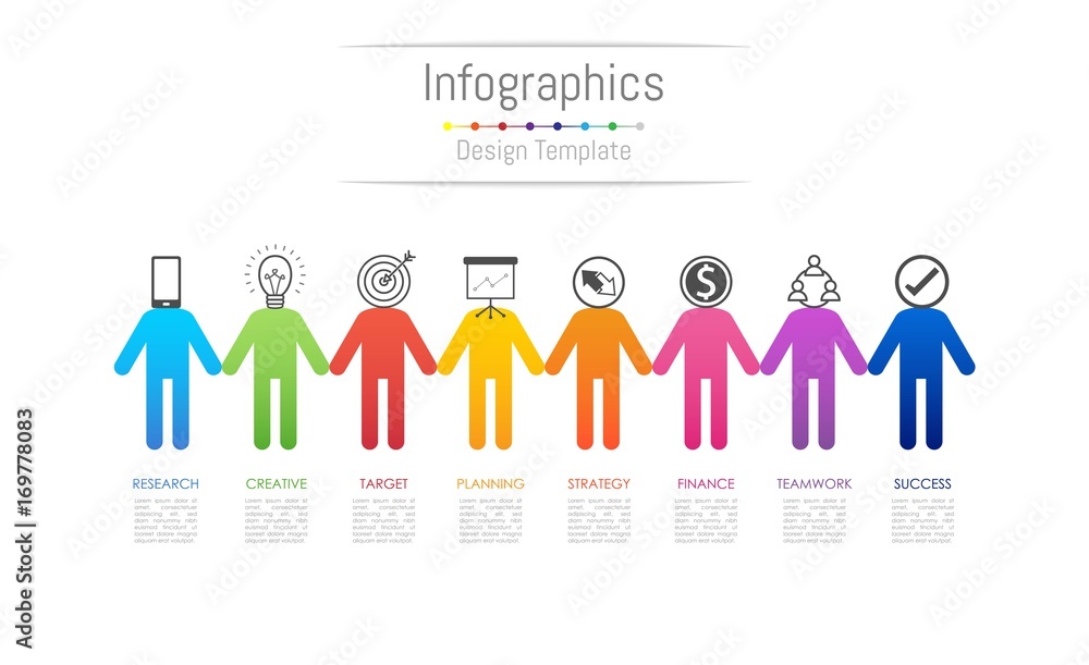 Infographic design elements for your business data with 8 options, parts, steps, timelines or processes, connecting people concept. Vector Illustration.