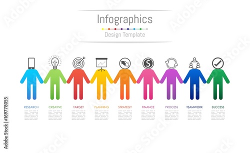 Infographic design elements for your business data with 9 options, parts, steps, timelines or processes, connecting people concept. Vector Illustration.