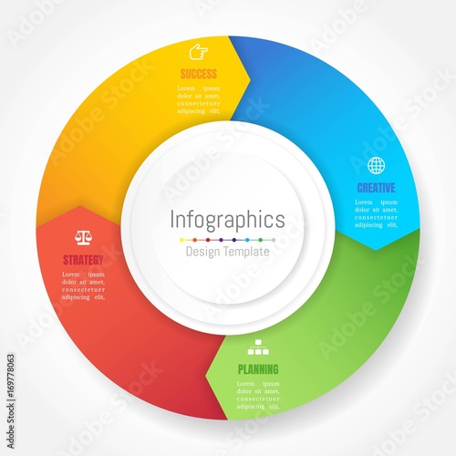 Infographic design elements for your business data with 4 options, parts, steps, timelines or processes, Arrow wheel circle style. Vector Illustration.