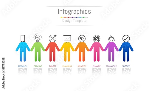 Infographic design elements for your business data with 8 options, parts, steps, timelines or processes, connecting people concept. Vector Illustration.