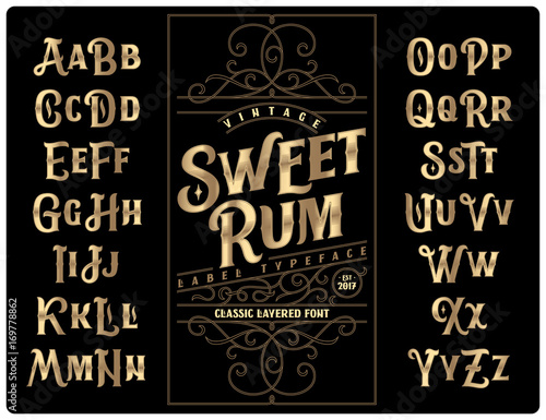 Classic vintage decorative font set named "Sweet Rum" with label design template