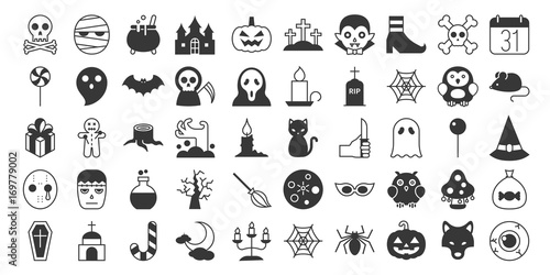 Big set of Halloween silhouette icon, include monster such as angle of death, Dracula, mask of murderer, bat and cute ghost, abandoned house, owl, candle, jack o lantern, black cat, candy, wolf, skull