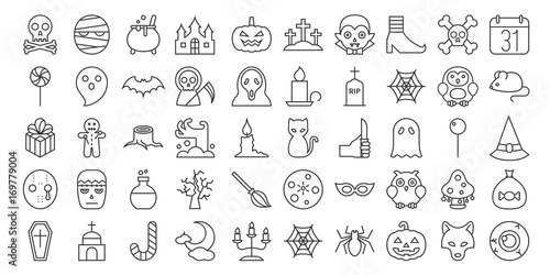 Big set of Halloween outline icon  include monster such as angle of death  Dracula  mask of murderer  bat and cute ghost  abandoned house  owl  candle  black cat  candy  wolf  skull