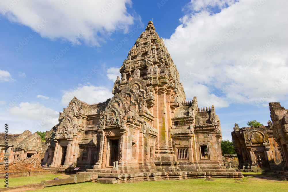 Impressive Prasat Hin Phanom Rung Ancient Khmer Temple under Vibrant Blue Sky, Buriram Province of Thailand