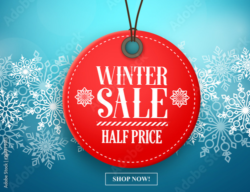 Winter sale tag vector banner. Red sale tag hanging in white winter snow flakes background for seasonal retail promotion. Vector illustration.
