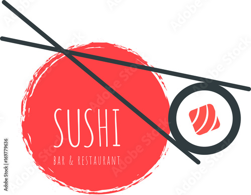 Vector Icon Style Illustration Logo of Asian Street Fast Food Bar or Shop, Sushi, Maki, Onigiri Salmon Roll with Chopsticks, Isolated Minimalistic Object. Sushi design element Isolated on white