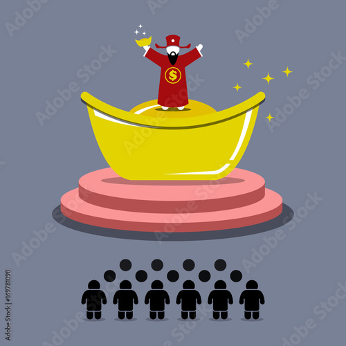 People worship and praying for money from God of Fortune. Vector artwork depicts men believing in God to give them fortune, prosperity, and wealth.