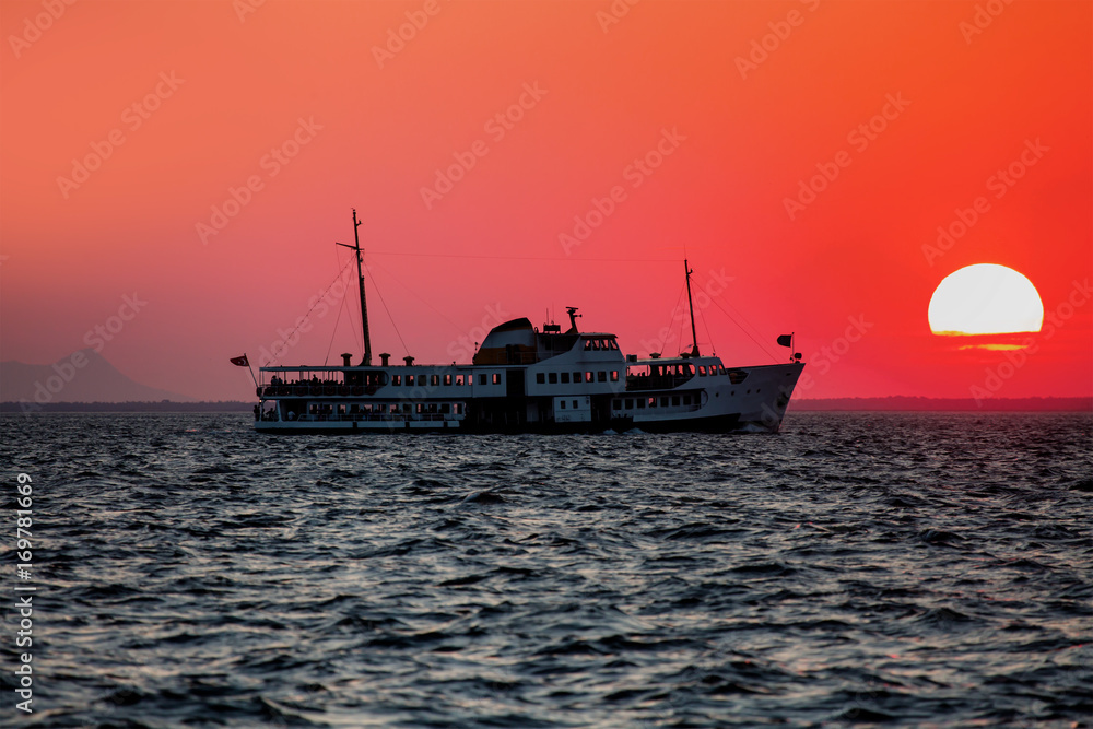 ferry services in the Gulf of Izmir at sunset