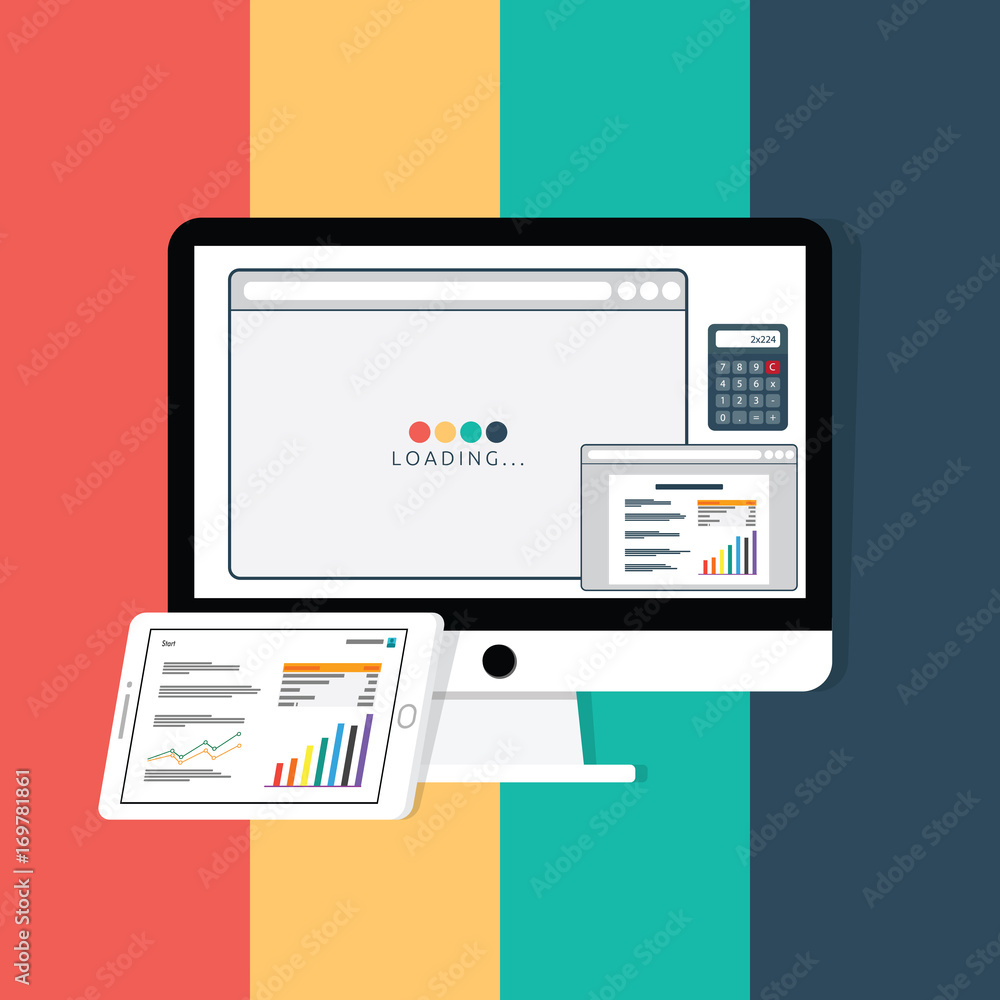 Website Loading page, finance article including graphic and table on text editing program, and digital calculator on white monitor. business news on tablet screen. Flat style vector illustration