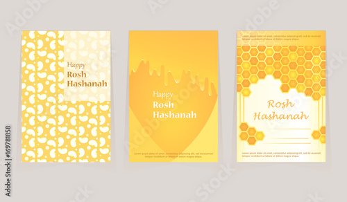 A set of greeting card for Rosh Hashanah day. Shana tova. Flowing honey, apples on the background. Festive nice, sweet cover. New Year. Vector illustration.