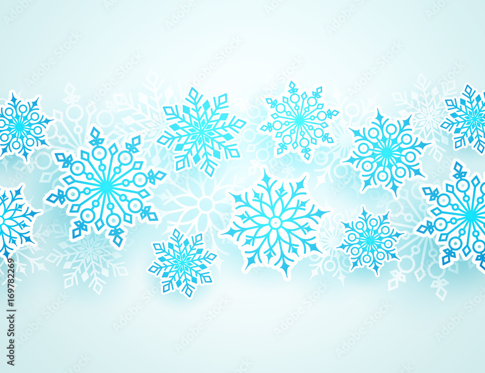 Winter vector background with falling snowflakes of different shapes in white background with empty space for text. Vector illustration.
Winter vector background with falling snowflakes of different shapes in white background with empty space for text. Vector illustration.