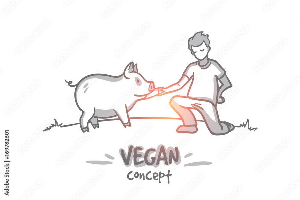 Vegan concept. Hand drawn man refuses eating meat. Person love animals  isolated vector illustration. Stock Vector | Adobe Stock