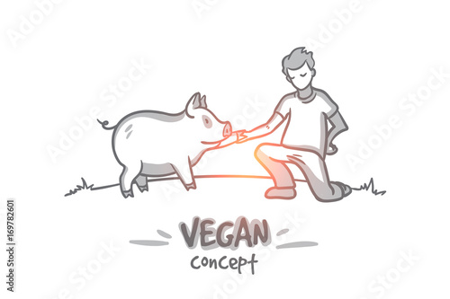 Vegan concept. Hand drawn man refuses eating meat. Person love animals isolated vector illustration.