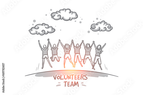 Vegan concept. Hand drawn group of happy volunteers celebrating success. Community of people doing charity isolated vector illustration.