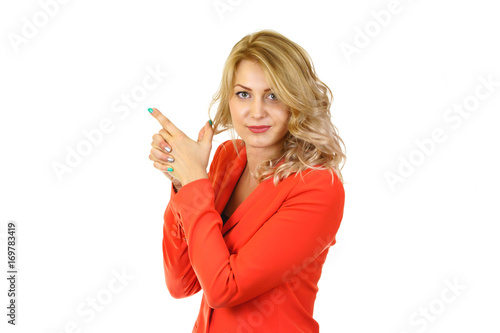Emotional girl in red jacket fooling around on white background