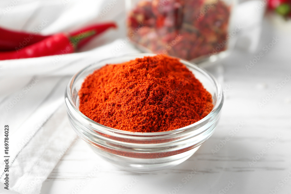 Chili powder in glass bowl on white wooden table