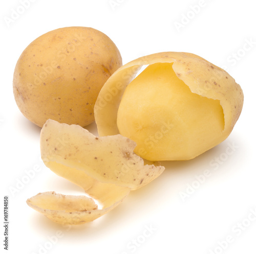peeled potato tuber with peel spiral isolated on white background cutout