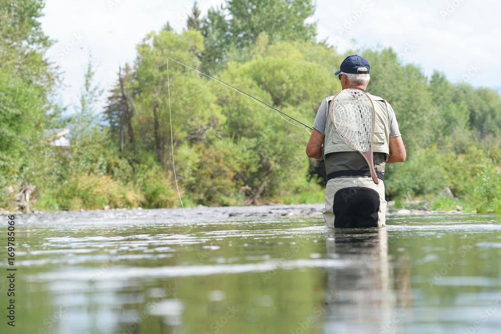 Fly-fisherman fishing in the Gallatin River, Montana