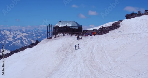 aerial shot hotel for climbers on mount Elbrus