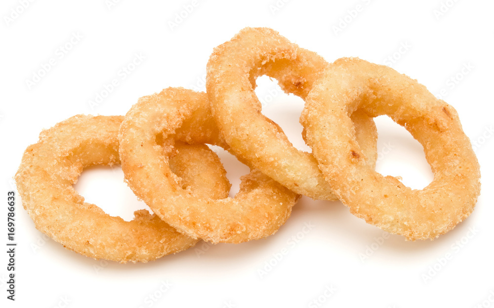 Crispy deep fried onion or Calamari ring isolated on white background
