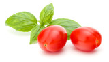 fresh plum tomato with basil leaf isolated on white background