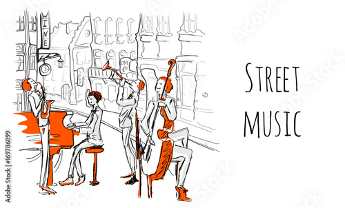 A musical band of street musicians. The Quartet plays jazz on a city street. Vector music illustration in sketch style.