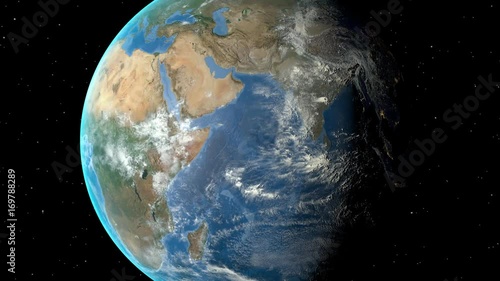 Night to day - rotating Earth. Zoom in on Djibouti outlined photo
