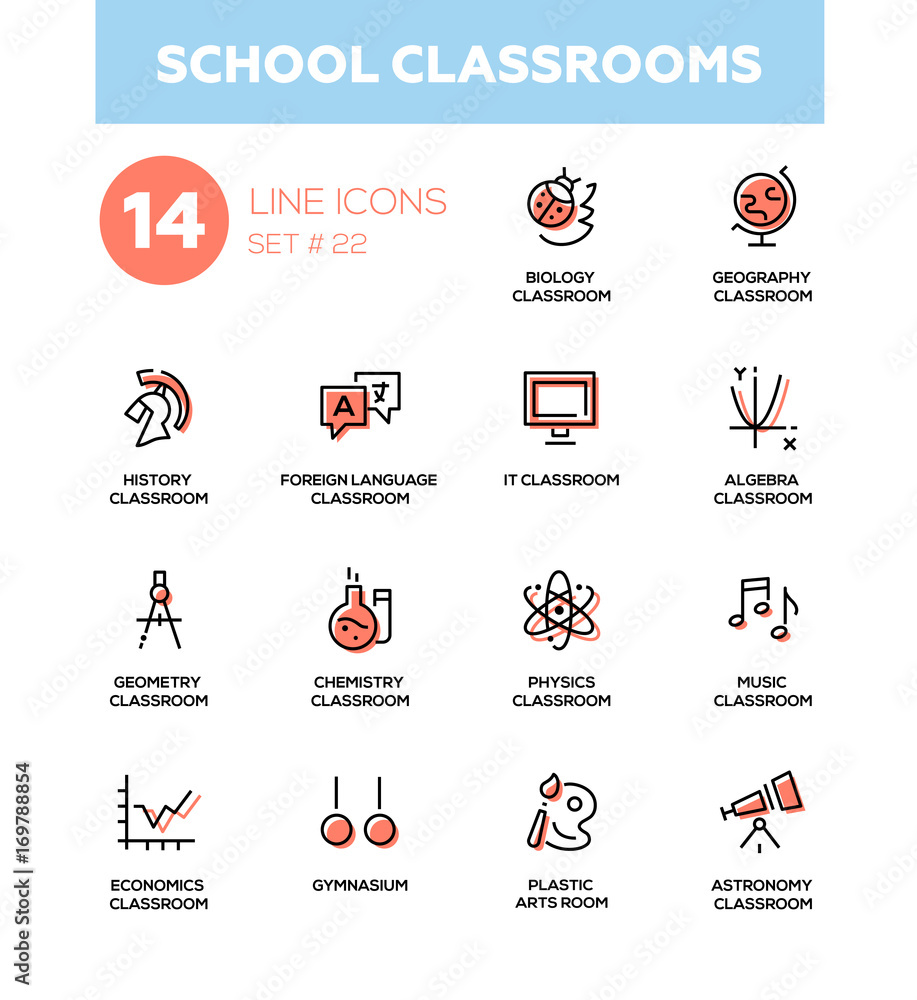 Obraz premium School classrooms - modern simple icons, pictograms set