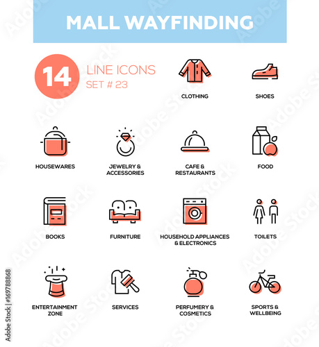 Mall wayfinding - modern simple icons, pictograms set