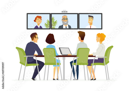 Distance Meeting - modern vector business cartoon characters illustration