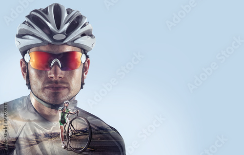 Sport backgrounds. Heroic Cyclist portrait. Mixed media.