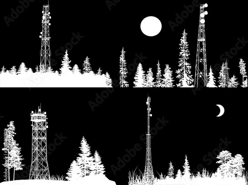 four compositions of antenna tower in white forest