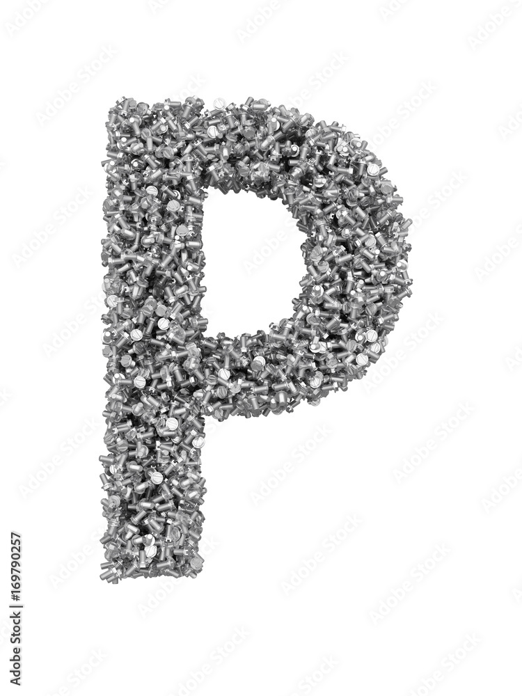 3D render of silver or grey alphabet make from bolts. Big letter P with clipping path. Isolated on white background