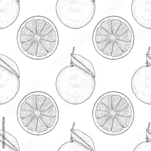 Orange, whole and slice. Hand drawn black and white sketch as seamless pattern. Vector illustration © savanno