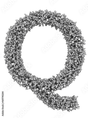 3D render of silver or grey alphabet make from bolts. Big letter Q with clipping path. Isolated on white background