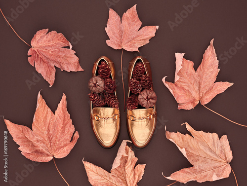 Autumn Arrives. Fall Fashion Design. Fall Leaves Background. Trendy fashion Stylish Glamour Gold Shoes. Retro
