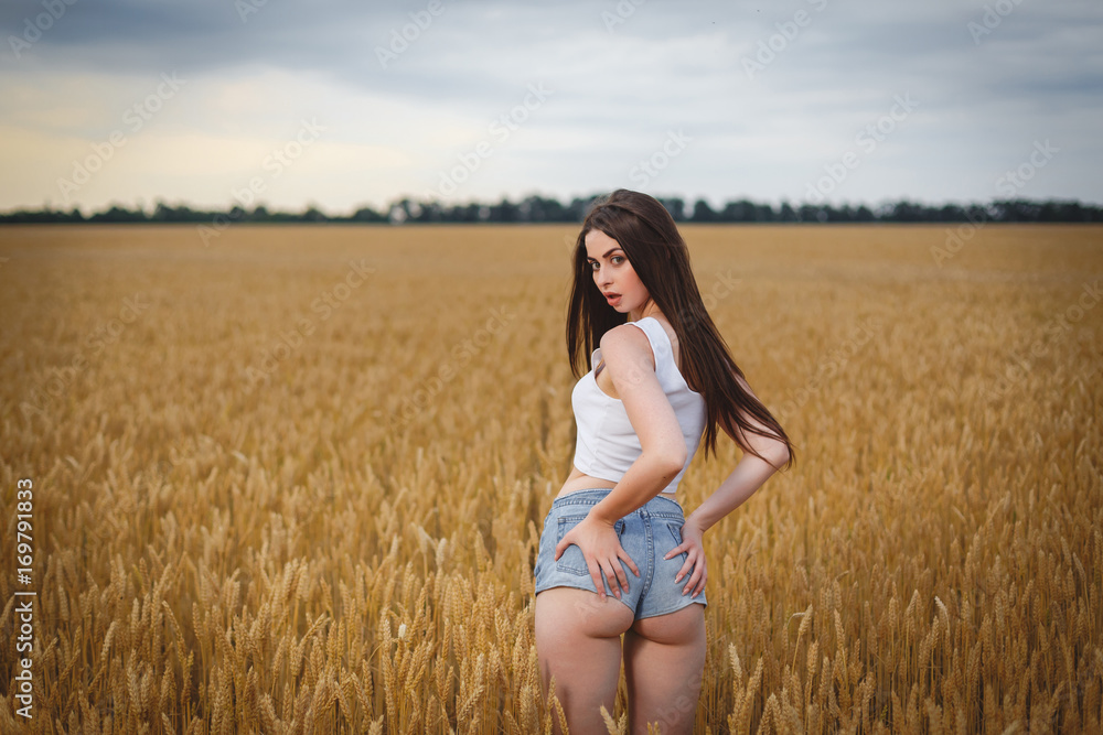 woman is walking in golden field of wheat woman is walking in golden field of wheat