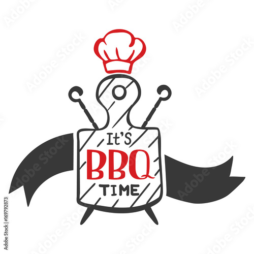 It is bbq time. Hipster logo and emblem of a restaurant barbecue on the background of a cutting board and skewers. Vector templates isolated on white background. Steak house restaurant menu design