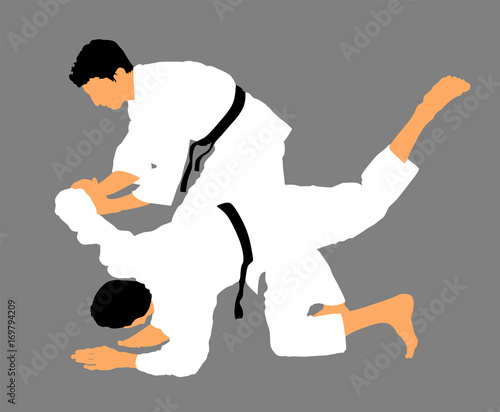 Karate fighters in kimono, vector illustration. Black belt category. Japan traditional martial art sport. Self defense presentation. In healthy body healthy mind. Judo fighters in battle.