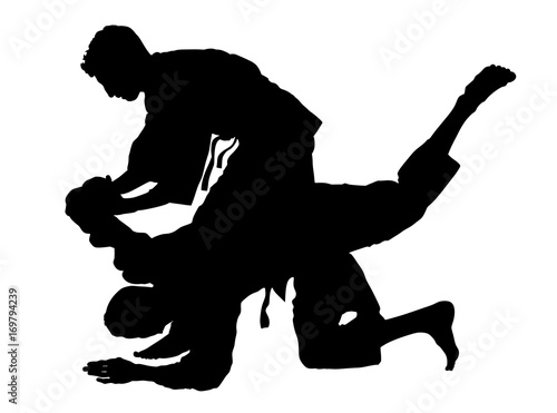 Karate fighters in kimono, vector silhouette illustration. Black belt category. Japan traditional martial art sport. Self defense presentation. In healthy body healthy mind. Judo fighters in battle.