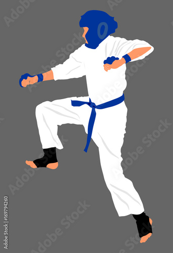 Karate man fighter in kimono vector illustration. Japan traditional martial art sport discipline. Boy self defense presentation. In healthy body healthy mind. Protect yourself against aggressor.