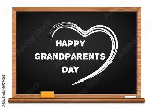 Happy Grandparents Day chalkboard. Congratulatory inscription written in chalk on a blackboard. Chalk text and heart on a wooden blackboard. National Grandparents Day card. Vector Illustration