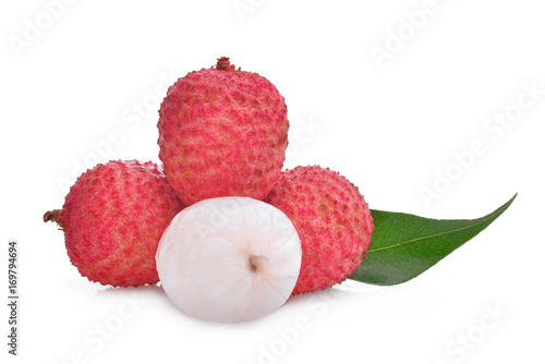 stack of fresh lychee with green leaf isolated on white background