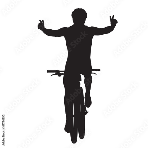 Mountain biker celebrates and crosses finish line, vector silhouette. Cycling race