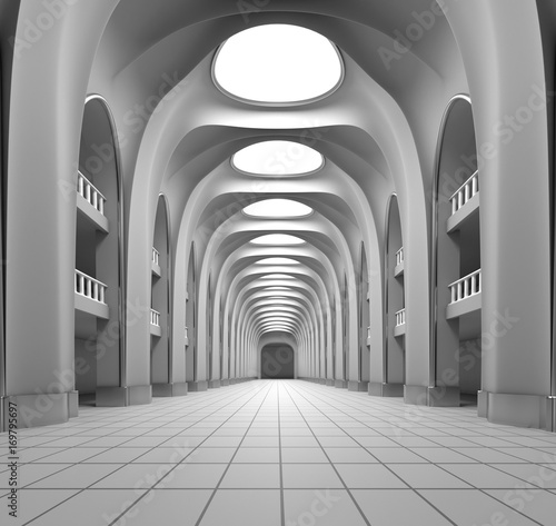 Interior with arches and colonnade. 3d image