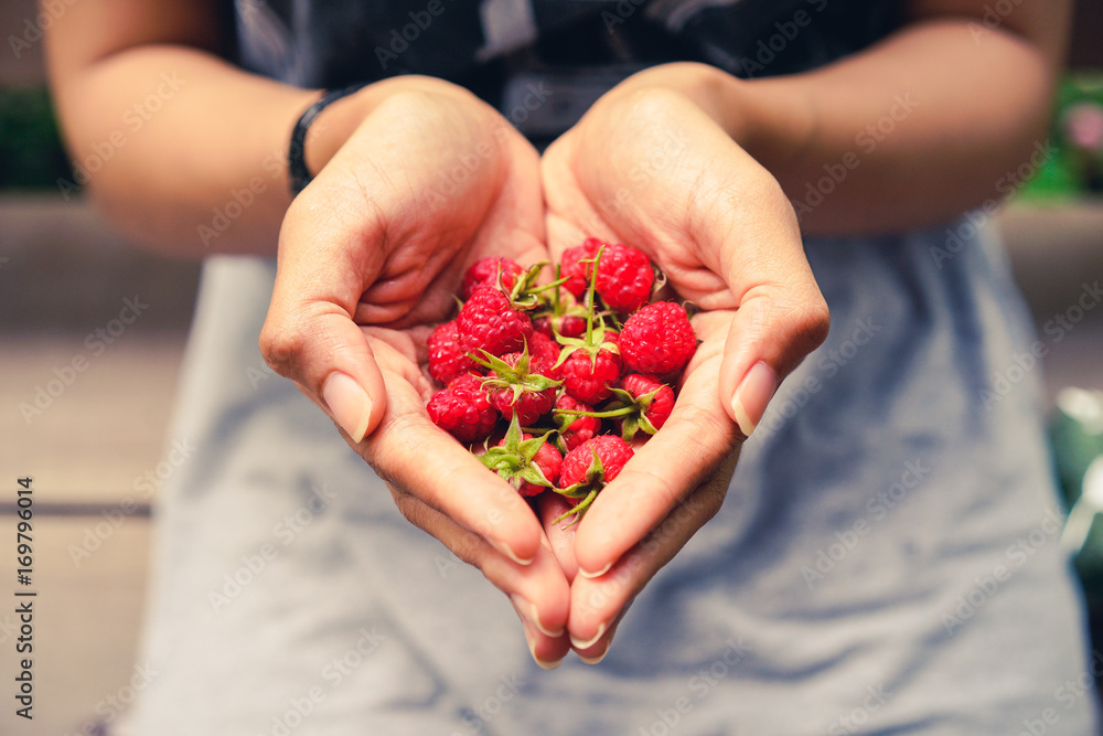 Foto de raspberry on hands,raspberries are a delicious fruit with many
