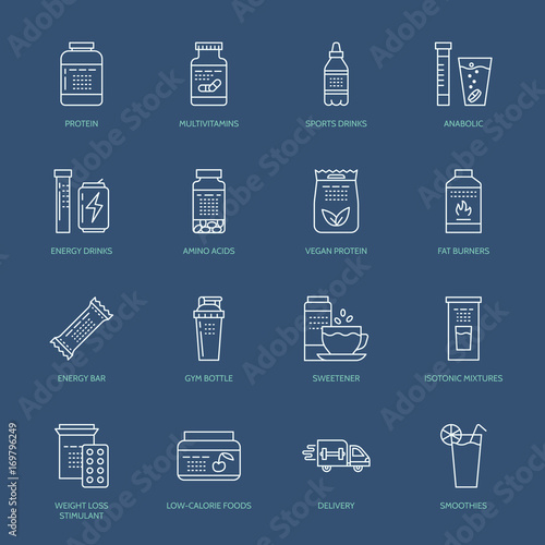 Sport nutrition flat line icons. Bodybuilding food, energy bar, protein, amino acids, anabolic, vitamins. Thin linear signs for gym fitness shop.