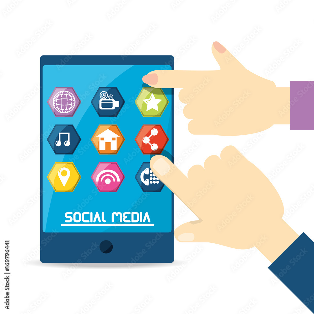 Fototapeta premium hands and smartphone with social media related icons over background colorful design vector illustration