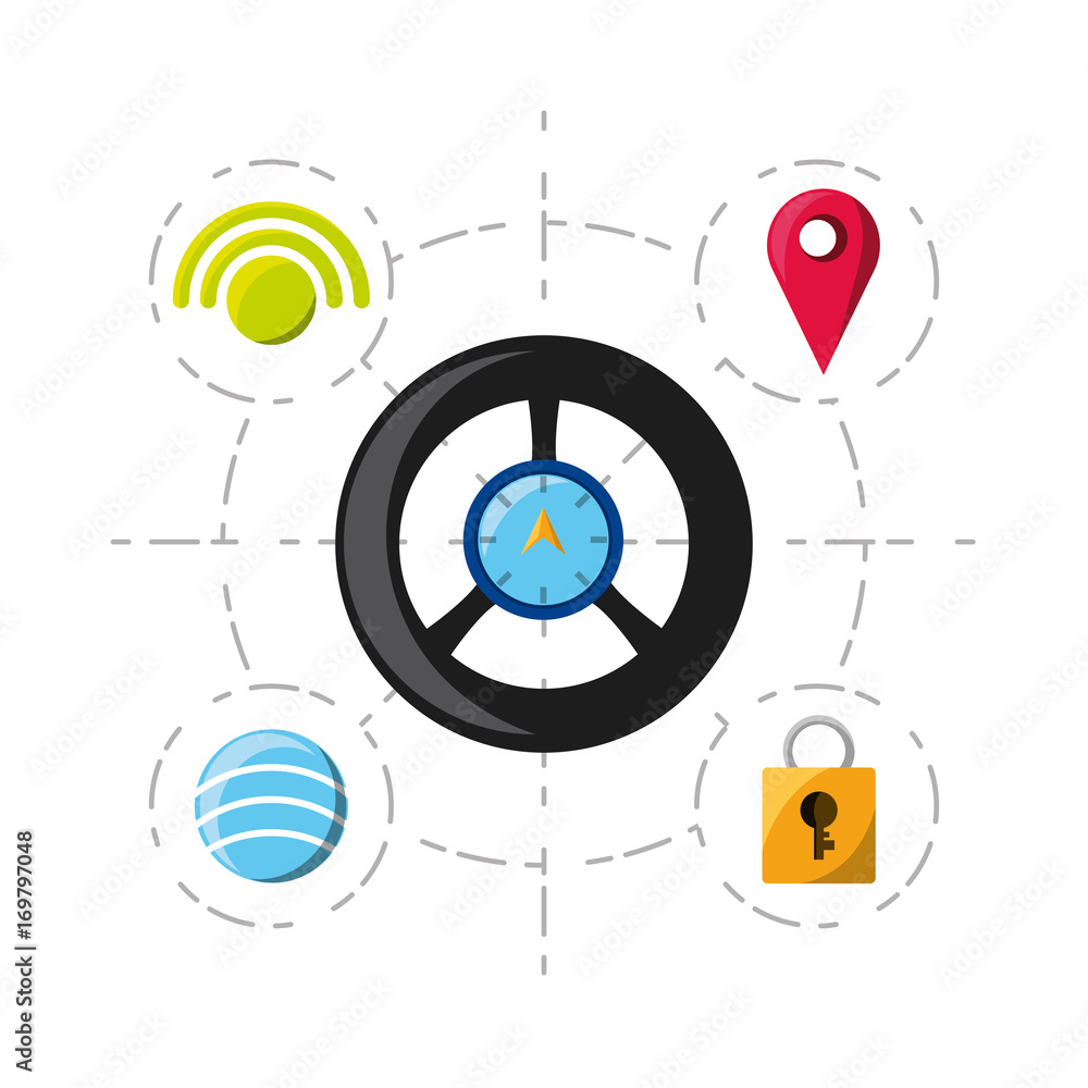 Obraz premium steering wheel with technology related icons over white background colorful design vector illustration