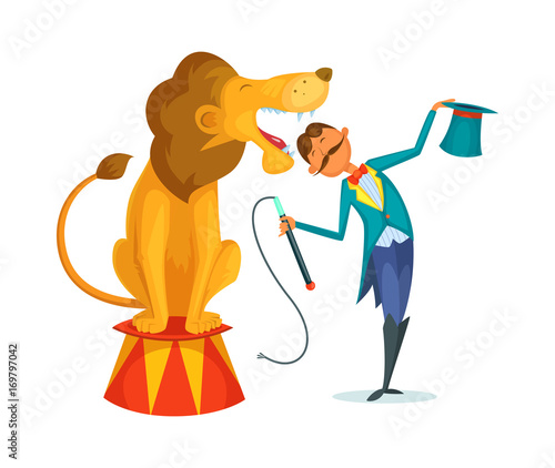 Circus trainer performs a trick along with a lion.